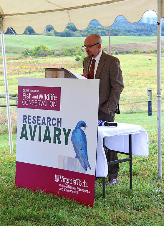 Dr. Bill Hopkins provides remarks at the official opening of the Research Aviary at Center Woods